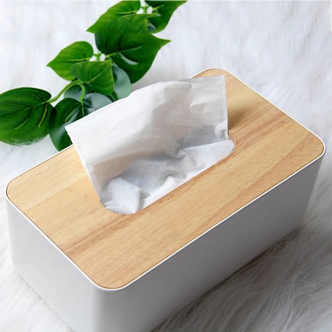 Tissue Box with Bamboo Cover,Plastic Tissue Organizer,Bathroom Tissue Dispenser for Home,Bedroom,Office,Living Room,8.1×4.6×2.9 in (Grey)