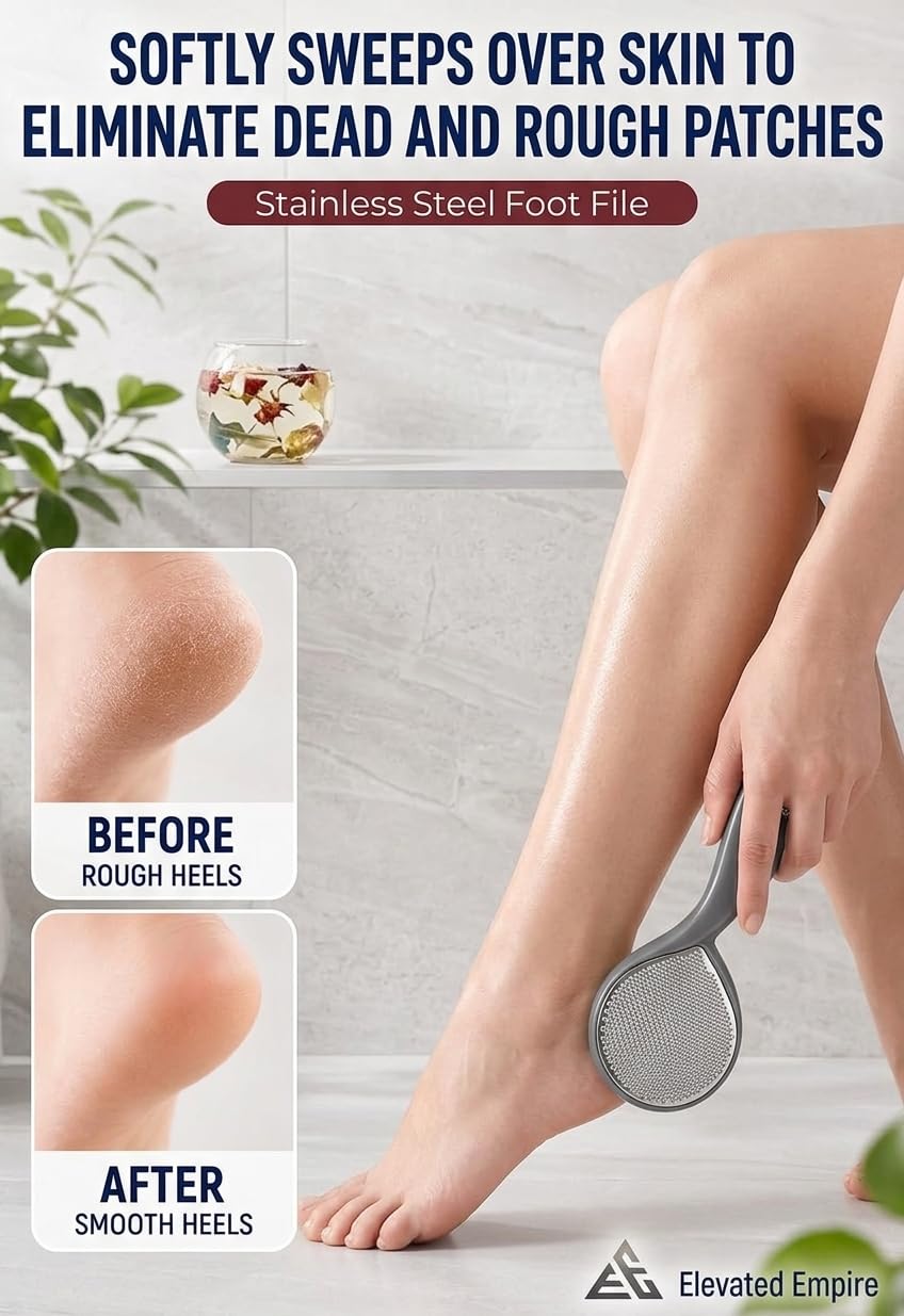 ELEVATED EMPIRE Foot Scrubber & File Callus Remover for Feet - Dual-Sided Stainless Steel Pedicure Tool for Cracked Heels, Dead Skin & Rough Skin - Wet or Dry Use, Men & Women