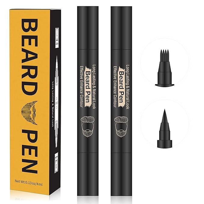 Beard Pencil Filler For Men, 4 Tip Facial Hair Pen Kit With Brush - Mustache Repair & Shaping Tool, Enhances Hair (BROWN)
