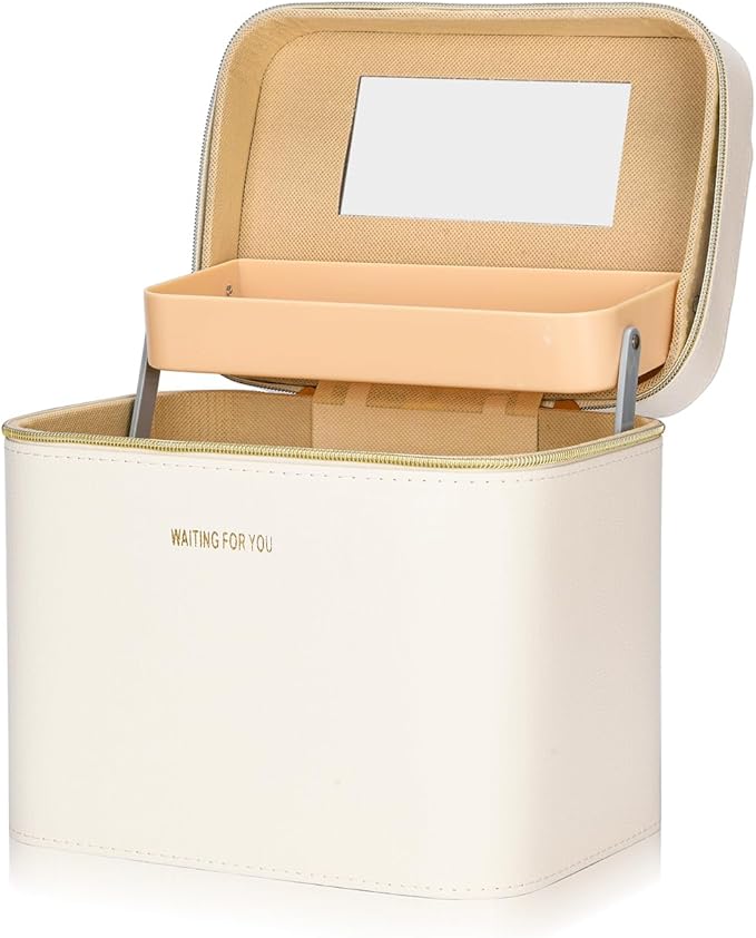 Sluxa Luxury Fashion makeup box, Portable leather hard cosmetic case with mirror, Sturdy train case make up box for women adults. (Double-white)
