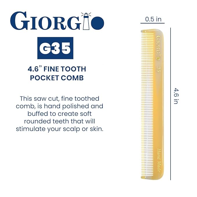 Giorgio G35 Handmade Fine Tooth Pocket Comb for Men, Mustache and Beard Comb for Men, Travel Combs for Everyday Grooming or Styling Hair, Saw Cut and Hand Polished (4.6")