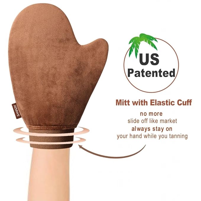 Self Tanner Mitt Applicator - US Patent Self Tanning Mitt with Elastic Cuff in Rich Brown Color. Velvet Soft Texture for Streak-Free Full Body Application, Perfect for Beach Vacation, Back,Legs