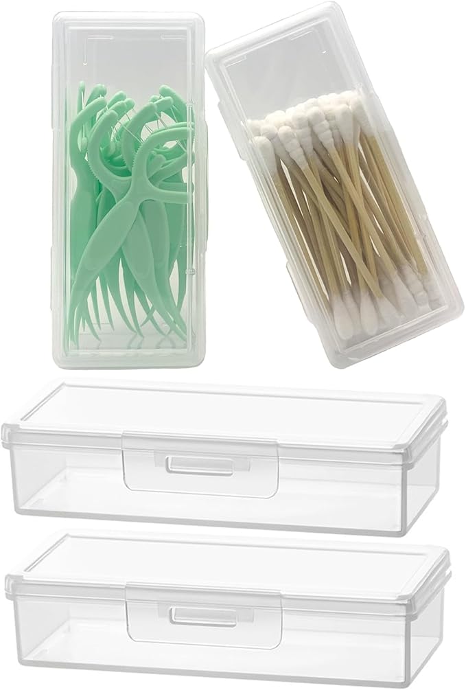 MatFirsmo Cotton Swab Holder for Travel, 4 Pcs Portable Small Dental Floss Holder Clear Plastic Cotton Pad Holder, Travel Floss Picks Case with Dustproof Lid for Bud Hair Ties Floss