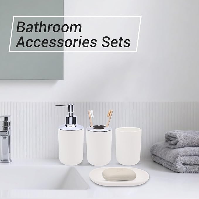 LGURT Matte White Bathroom Accessories Set, 4-Piece Plastic Bathroom Vanity Set with Soap Dispenser, Toothbrush Holder, Rinse Cup & Soap Dish, White Bathroom Counter Organizer