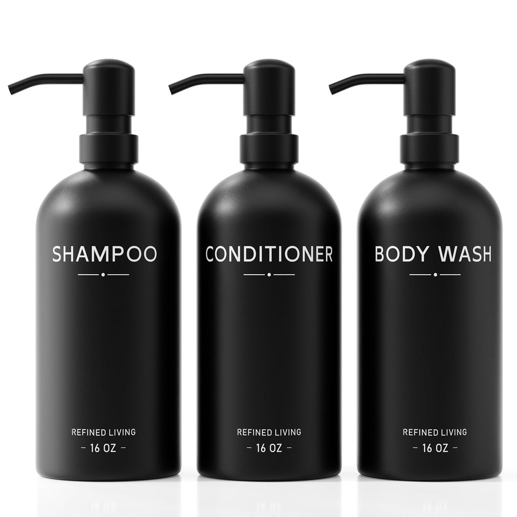 Shampoo and Conditioner Dispenser Set,3 Refillable 16oz Bottles with Stainless Steel Pumps – Shower Soap Dispensers for Bathroom, Hotel or Airbnb (Black, 3-Pack)