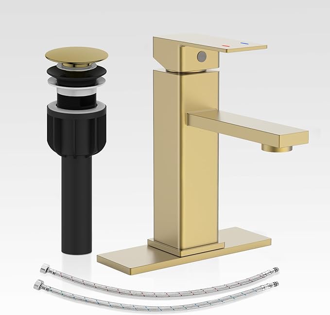 Bathroom Faucet, Brushed Gold Bathroom Sink Faucets & Parts(Pop-up Drain+6" Escutcheon Plate+Supply Hoses), Vanity Faucet for Vessel Sink, llaves para lavamanos de baño