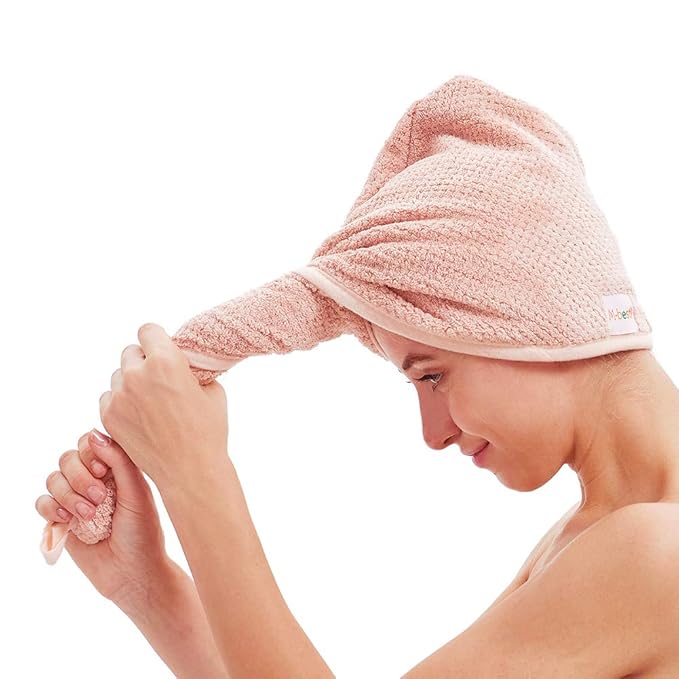 M-bestl 2 Pack Microfiber Hair Towel Wrap,Quick Dry,Anti-frizz(Pink&Beige)