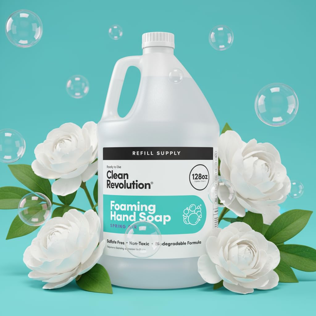 Clean Revolution Foaming Hand Soap Refill with Real Essential Oils, Moisturizing Sulfate-Free Hand Soap, Ready-to-Use Foam Soap Refill for Kitchen & Bathroom (Spring Air, 128oz)