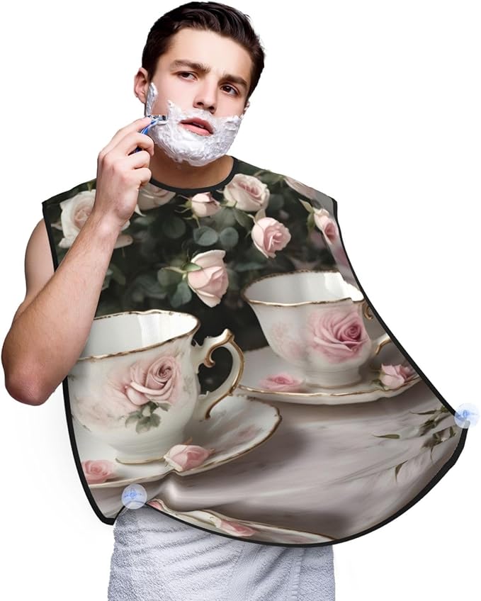 Tea Cups With Roses Romantic Shabby Print Beard Bib Shaving Apron, Beard Hair Trimming Cape Gift For Dad