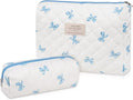 Gosect 2PC Makeup Bag Set, Cute Cosmetic Bag for Women Girls, Floral Coquette Aesthetic Toiletry Bag, Travel Make Up Organizer Bag (White Blue Butterfly Flower)