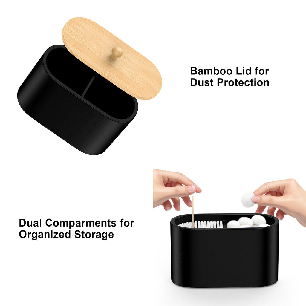 Cotton Swab Holder,Round Cotton Pads Balls Qtip Holder Dispenser with Lid, 2 Compartments Qtips Holder, Tampoms Period Box Bathroom Organizers Storage Bin Floss Dispenser Vanity Cosmetics, Black