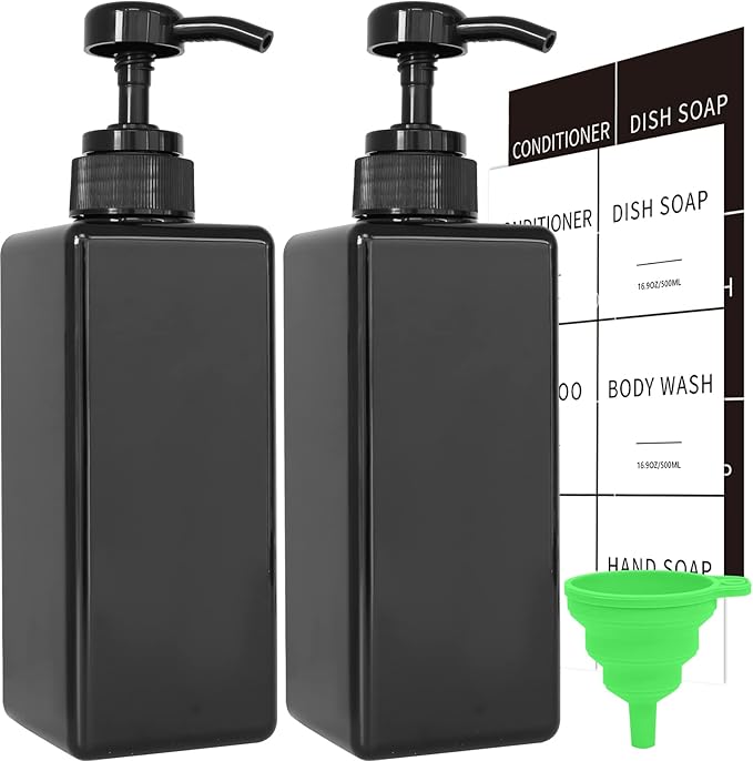 Black Soap Dispenser with Waterproof Labels, Thickened Plastic Hand Soap Dispenser for Bathroom, Kitchen Dish Washing Liquid Bottles, Shampoo and Conditioner Bottles with Funnel (16oz 2Pack Black)