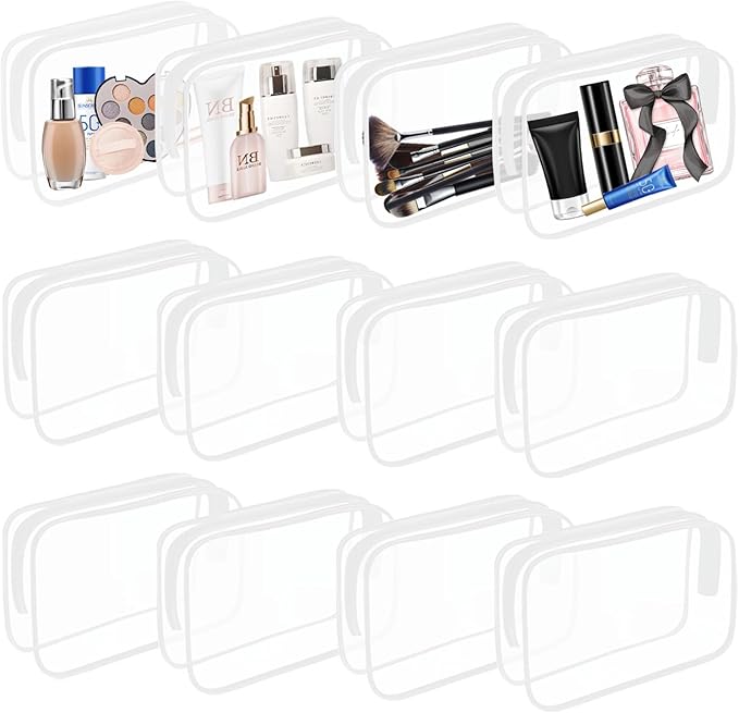 YOQIVEXU 12 Pieces Clear Cosmetics Bag, Clear Zippered Cosmetic Makeup Pouch, TSA Approved Toiletry Bag for Travel, Waterproof Vinyl Plastic Organizer Case for Vacation Bathroom (White Medium)
