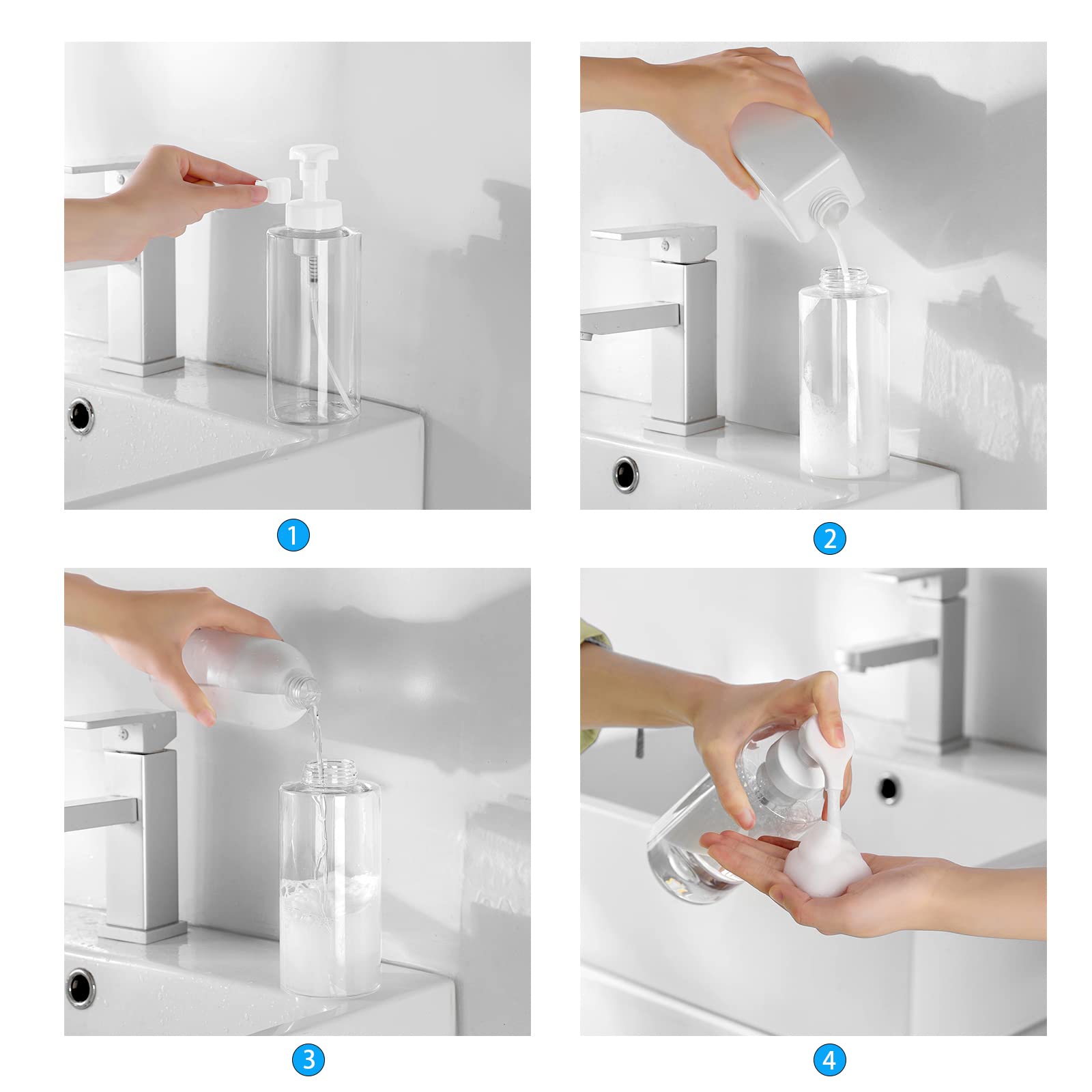 UUJOLY Foaming Soap Dispenser, 17 OZ Refillable Plastic Soap Pump Bottle for Liquid Soap, Shampoo, Body Wash, 2 Pcs, Clear
