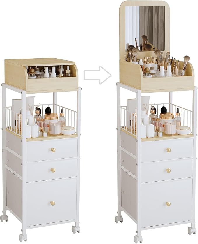 Makeup Cart Organizer with Mirror-Floor Makeup Organizer Cart with Drawers
