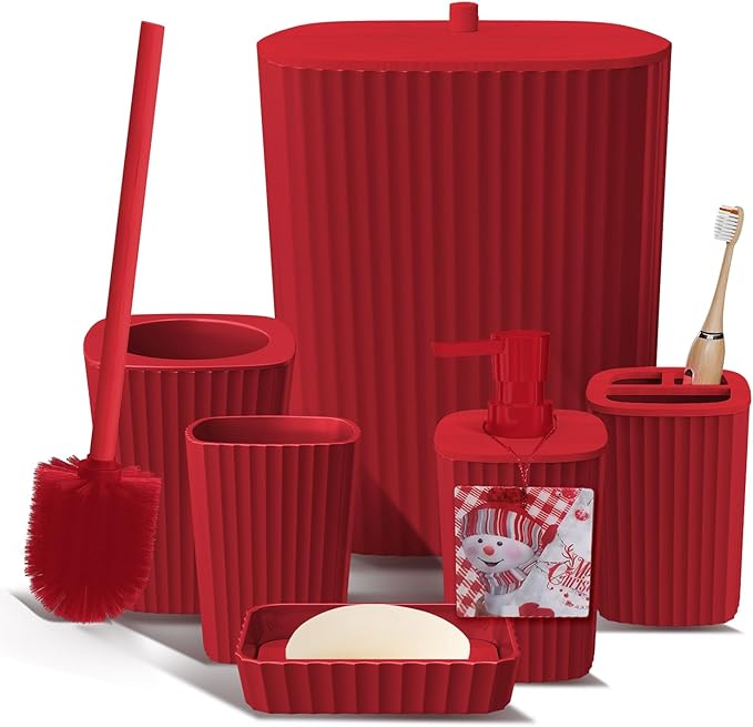 Clara Clark Bathroom Set - Christmas Bathroom Sets, Xmas Bathroom Accessories Set, 6PC Bathroom Accessory Set with Toilet Brush, Trash Can & Soap Dispenser