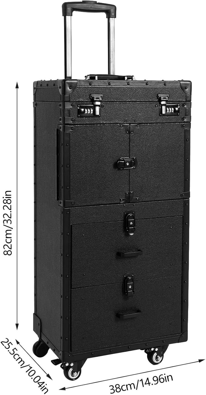 RocoReny Beauty Salon Luggage With Metal Universal Wheel, Makeup Rolling Train Case, 32 In-Retro Travel Organizer Tool Box with Combination Locks for Stylist, Beauty, Makeup Artist (Black)