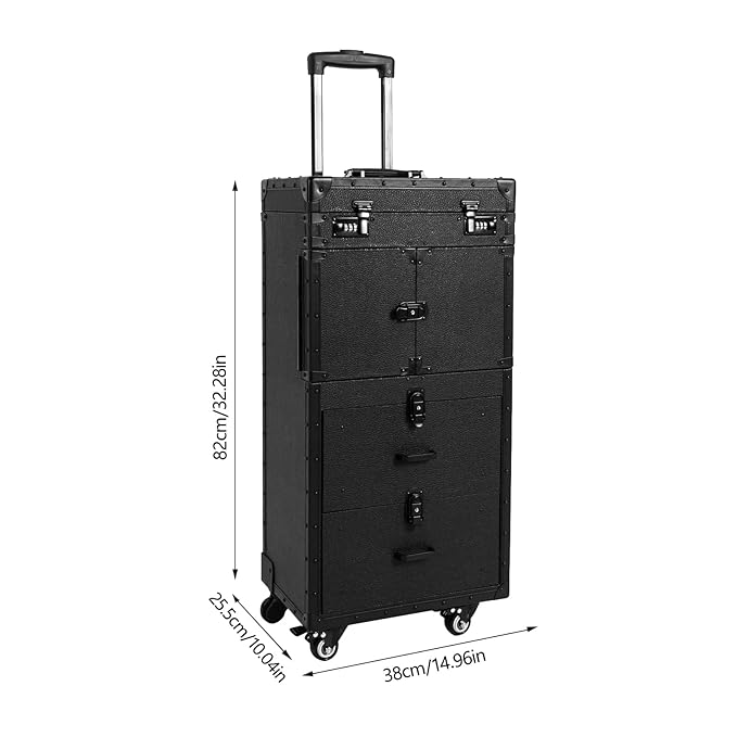 CNCEST Beauty Salon Luggage, Rolling Lockable Hair Stylist Travel Case Hairdressing Trolley Stylist Beauty Salon Cosmetic Luggage Travel Organizer Tool Box with Hair Dryer Holder(All Black)