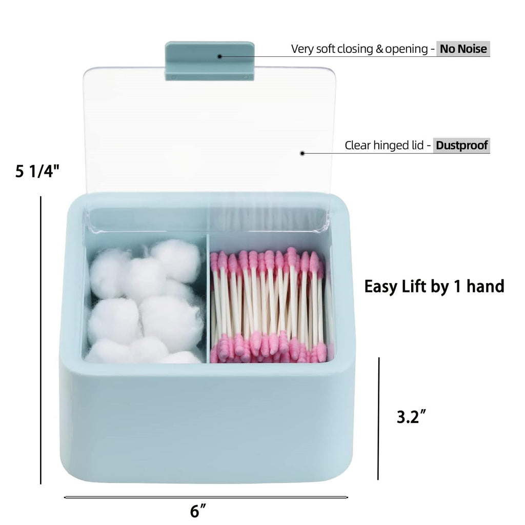 Tecbeauty 2pcs Qtips Holder - Middle Divider Cotton Pads Storage Dispenser Bathroom Organizer with Clear Hinged Lids for Cotton Balls Swabs Rounds - Blue & Pink