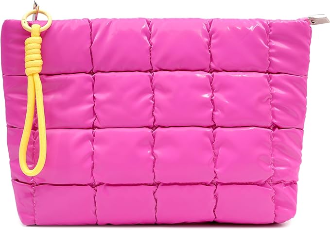 Beayuva Puffer Quilted Makeup Bag Travel Cosmetic Bag Portable Puffy Checkered Toiletry Pouch Skincare Organizer Purse Pencil Case (Hot Pink)