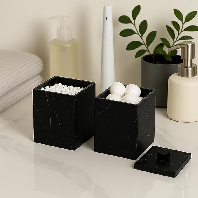 Jung Ford 2-Pack Marble Pattern Cotton Swab Holders with Lids, Resin Bathroom Vanity Storage Jars, Square Qtip Containers for Cotton Balls, Pads, and More (Black)