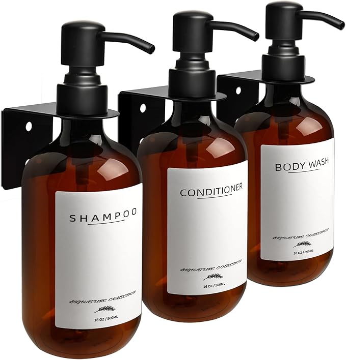 Supforce Shampoo Dispenser for Shower Wall Mount, No Drill Shampoo and Conditioner Dispenser with Matte Pump and Waterproof Labels, Shower Soap Dispenser Wall Mounted for Home Bathroom - Amber