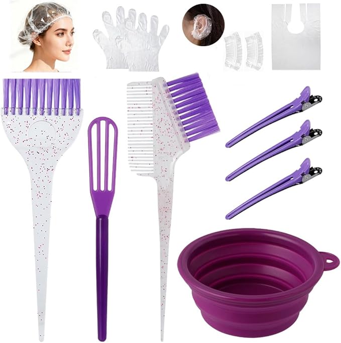 MOONMINI Hair Dye Color Brush and Bowl Set, Color Bowl Brushes Tool Mixing Bowl Kit Tint Comb for Hair Tint Dying Coloring Applicator (Purple&Clear)