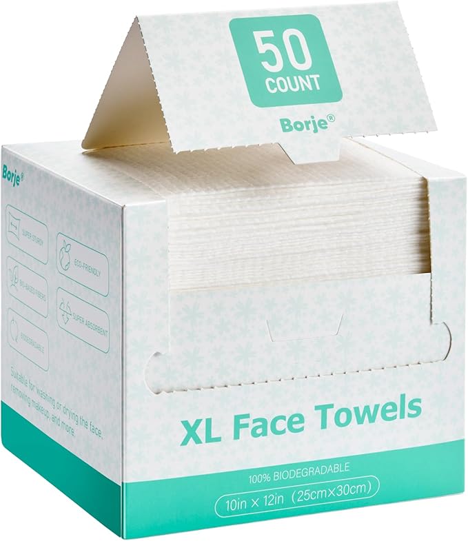 Borje Face Towels XL, Disposable Face Towel 10" x 12", 50 Count, 100% USDA Biobased Facial Towelettes, Ultra Soft & Thick Makeup Remover Dry Wipes for Women Cleansing