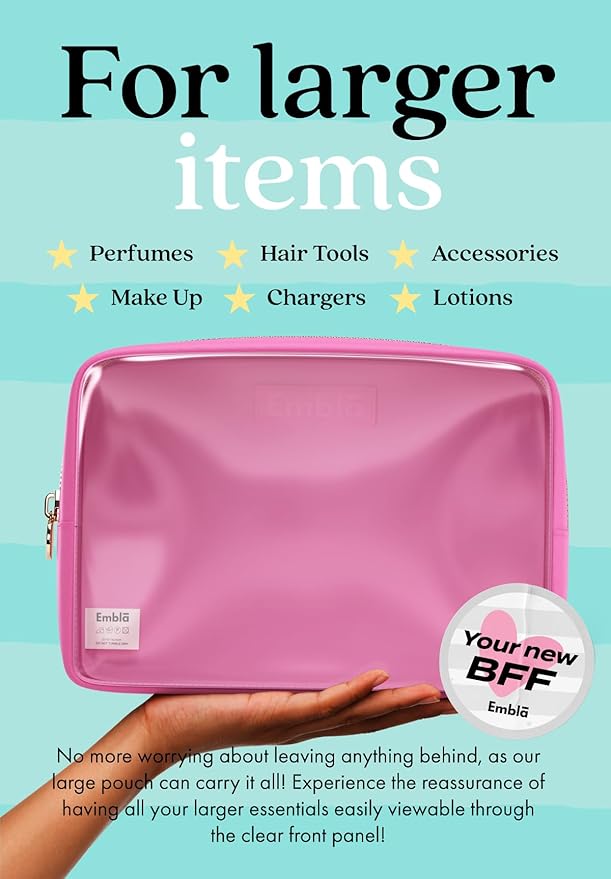 Embla Clear Large Makeup Bag Cute Big Make Up Nylon Pouches Travel Bathroom Bags for Toiletries XL Cosmetic Pouch for Women Girls Extra Large Zipper Toiletry Skincare Organizer Hot Pink