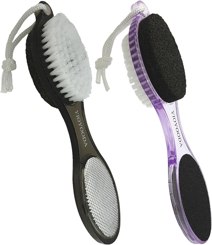 Foot File Callus Remover 4-in-1, Feet Scraper Pedicure Tools with Pumice Stone, Scrubber Brush, Foot Rasp and Sand Paper, Double Sided Multi Purpose, Clear Black and Purple