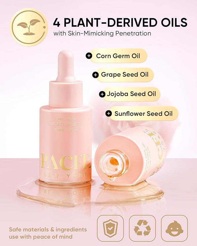 PACFE Velour Rosa Nail and Cuticle Oil - 100% Natural Plant-Based Treatment with Jojoba oil, Squalane & Vitamin E - Deep Hydration for Dry Damaged Nails & Cuticle - Non-Greasy, Rose Scent, 1.0 fl oz