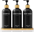 Shampoo and Conditioner Dispenser Set,Shower Soap Dispenser for Bathroom,Refillable Shampoo and Conditioner Bottles with Bamboo Pump and Tray,Soap Dispenser Bathroom for Shower (Black, 3-Pack)
