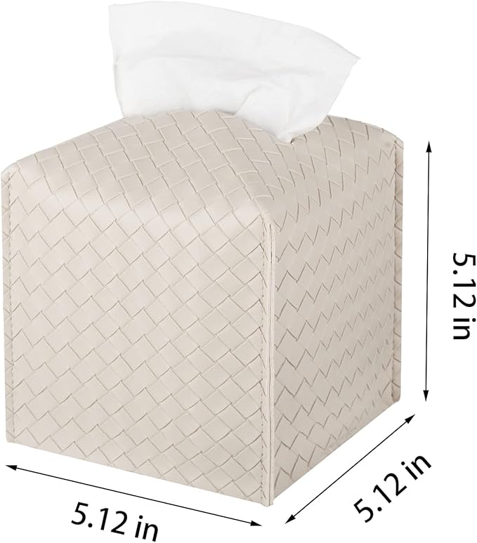 Tissue Box Cover PU Leather Tissue Holder Square Facial Tissue Case Facial Paper Organizer Dispenser for Bathroom, Vanity Countertop, Tabletop, Car, Griege
