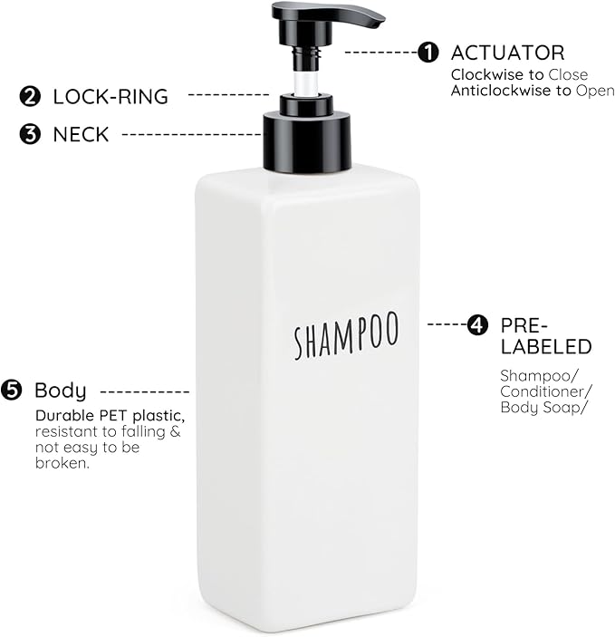 Segbeauty 16.9oz Shampoo and Conditioner Dispenser, 6pcs Empty Refillable Soap Dispenser Set, 500ml Plastic Square Soap Dispensers for Bathroom, Press Pump Body Wash Dispenser for Shower Bathroom