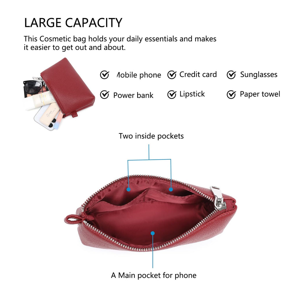 YONBEN Small Makeup Bag for Purse, Leather Cosmetic (Encore Red)