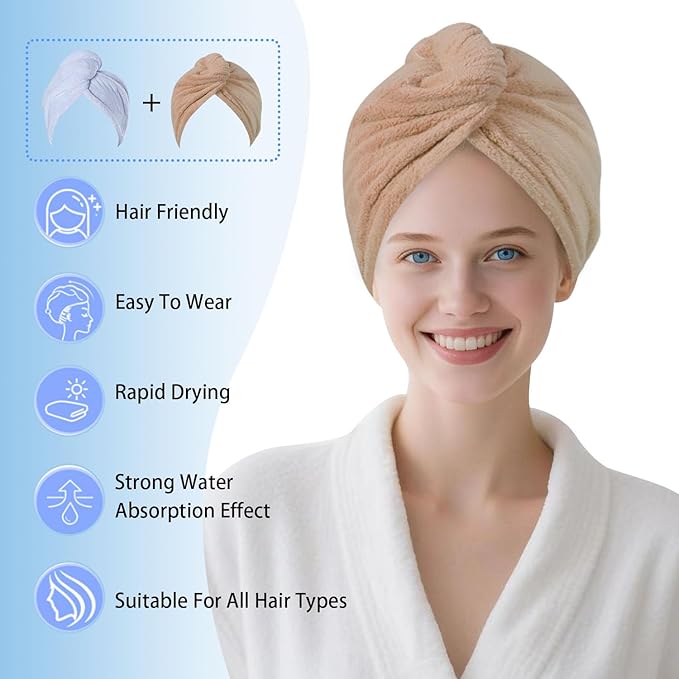 Microfiber Hair Drying Towel Wrap for Women, Hair Turbans Towel for Wet Hair,turbie Twist Hair Towels(The Color of the Picture is for Reference only) (Blue,Brown)