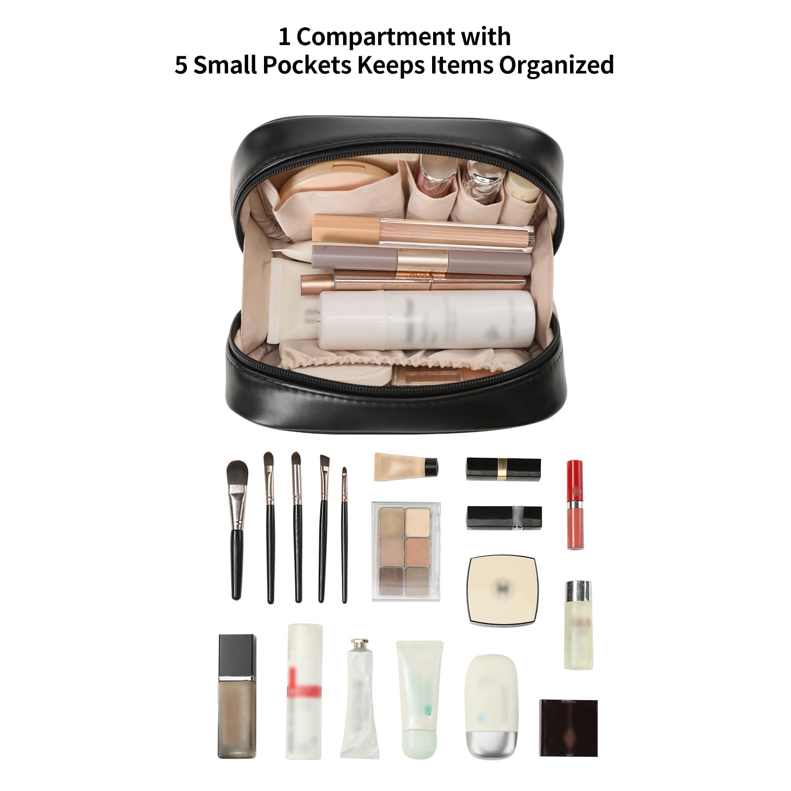 RIGHT AWAY Small Makeup Bag for Purse,Travel Cosmetic Bag Organizer for Women,Cute Make Up Pouch Waterproof Toiletry Bag with Zipper,Portable Makeup Case Skincare Bag for Travel Accessories(Black)