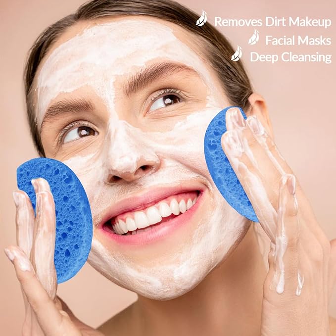50-Count Facial Sponges Compressed Natural Cellulose Sponge Round Shape Face Sponge for Face Cleansing Exfoliating and Makeup Removal, Blue