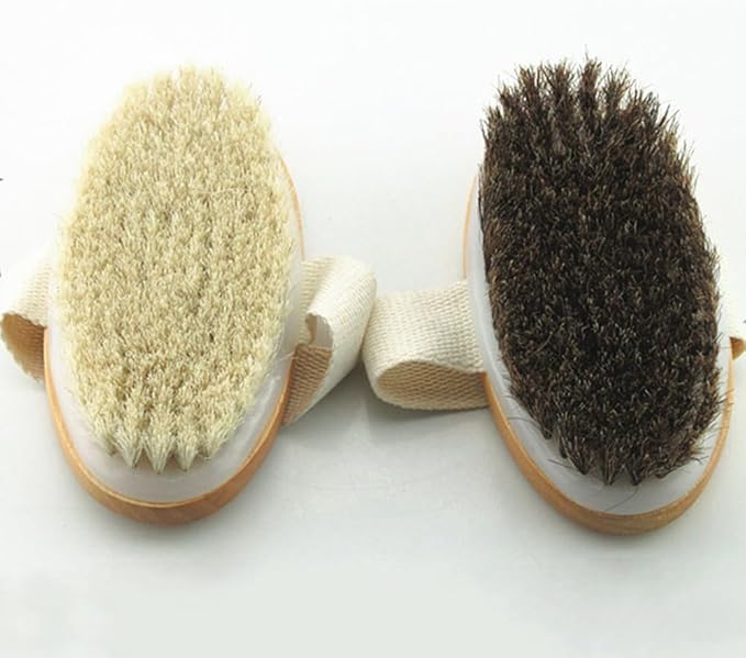 HiKin Wooden Soft Horsehair Mane Natural Bristles Bath & Shower Brush, 5x2.8 Inch Oval Shape Dry Body Brush Scrubber for Exfoliating, Detox and Cellulite, etc. (Brown Horsehair)