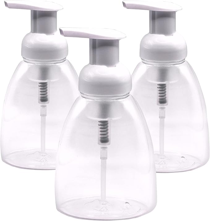 Clear Plastic Foaming Bathroom Countertop Soap Dispensers, Foaming Pump Bottles, Refillable Plastic Container for Liquid Soap, Compatible with Dr Bronner's Pure Castile Soap 250ml (8.5 oz) - (3 Pack)