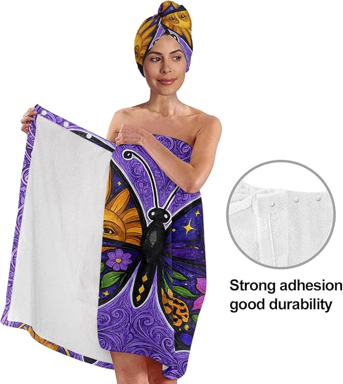 Women's Boho Butterfly Towel Wrap and Hair Drying Cap Set – Celestial Moon Sun Print Spa Wrap – Quick Dry Microfiber Bath Wrap for Dorm, Gift, Witchy Girls (Butterfly)