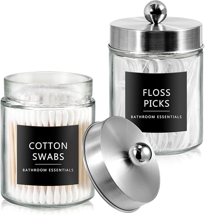 SheeChung 2-Pack Qtip Holder Dispenser - Glass Apothecary Jars with Rust-Proof Stainless Steel Lids - Modern Farmhouse Bathroom Vanity Organizer for Cotton Swabs, Balls, Pads(Brushed Nickel,2Pack)