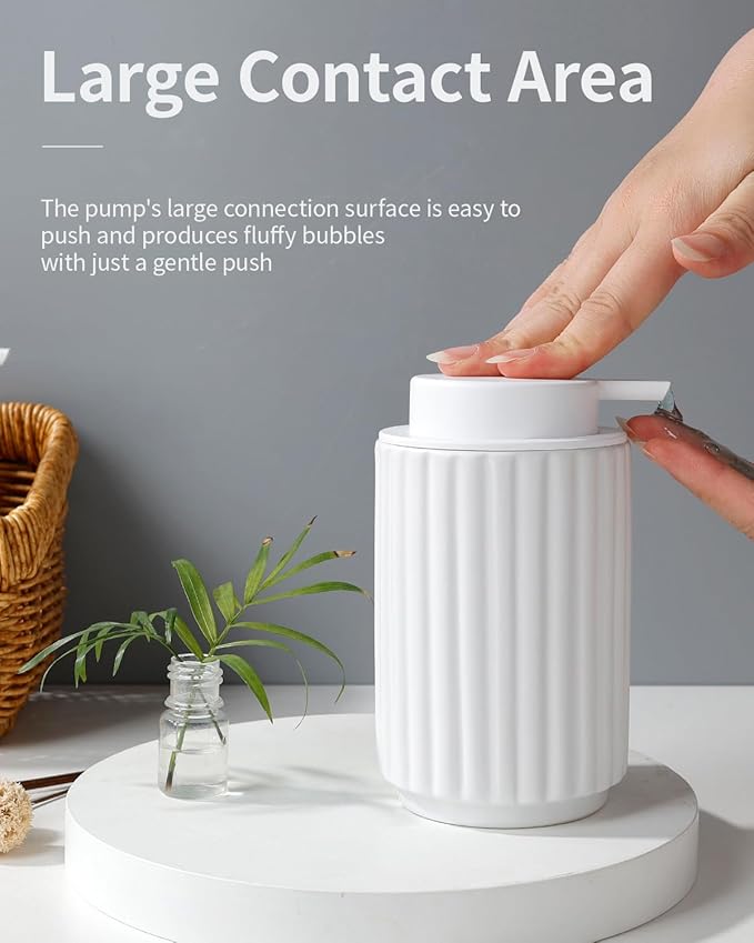 Soap Dispenser, Liquid White Ceramic Refillable Hand Soap Pump for Bathroom Kitchen, 10.5OZ Lotion Dispenser Dish Soap Dispenser, Modern Stripe Design, ANTIS'S HOME