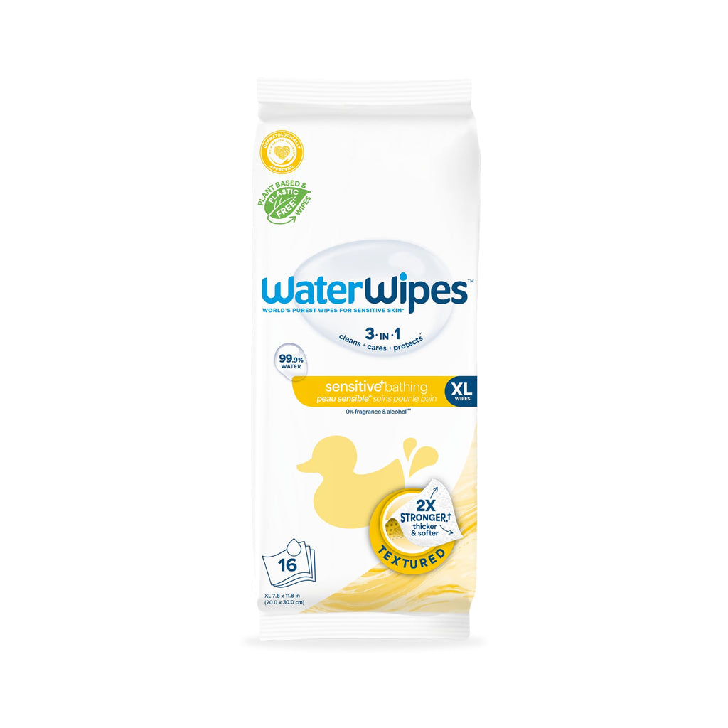 WaterWipes Sensitive+ Bathing Wipes, 3-In-1 Cleans, Cares, Protects, 99.9% Water, Unscented & Hypoallergenic, 16 Count (1 Pack)
