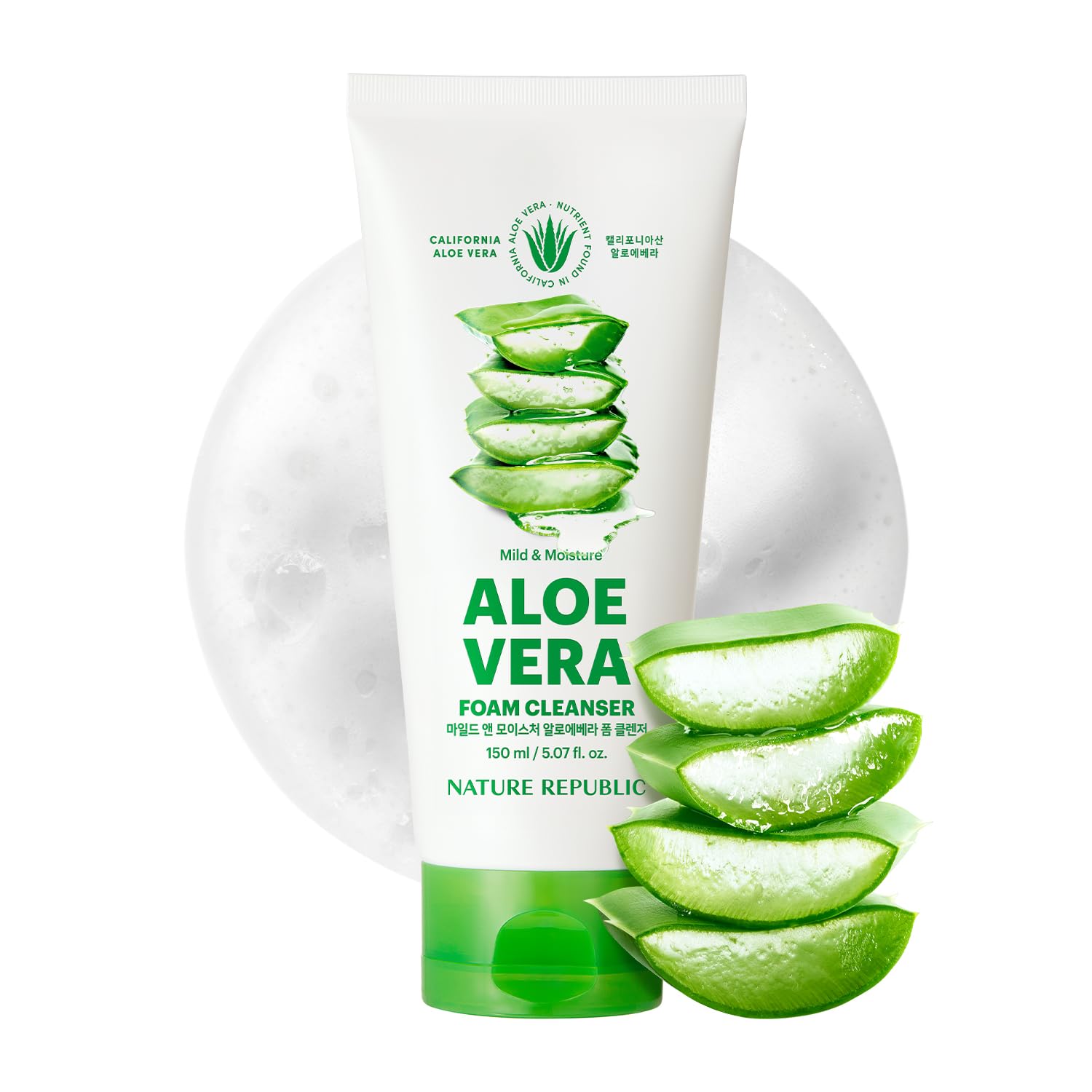 Nature Republic Mild & Moisture Aloe Vera Foam Cleanser | Hydrating Facial Cleanser, Gentle Makeup Remover & Pore Cleansing Face Wash, Korean Skincare for All Skin Types (150ml / 5.07 fl oz)