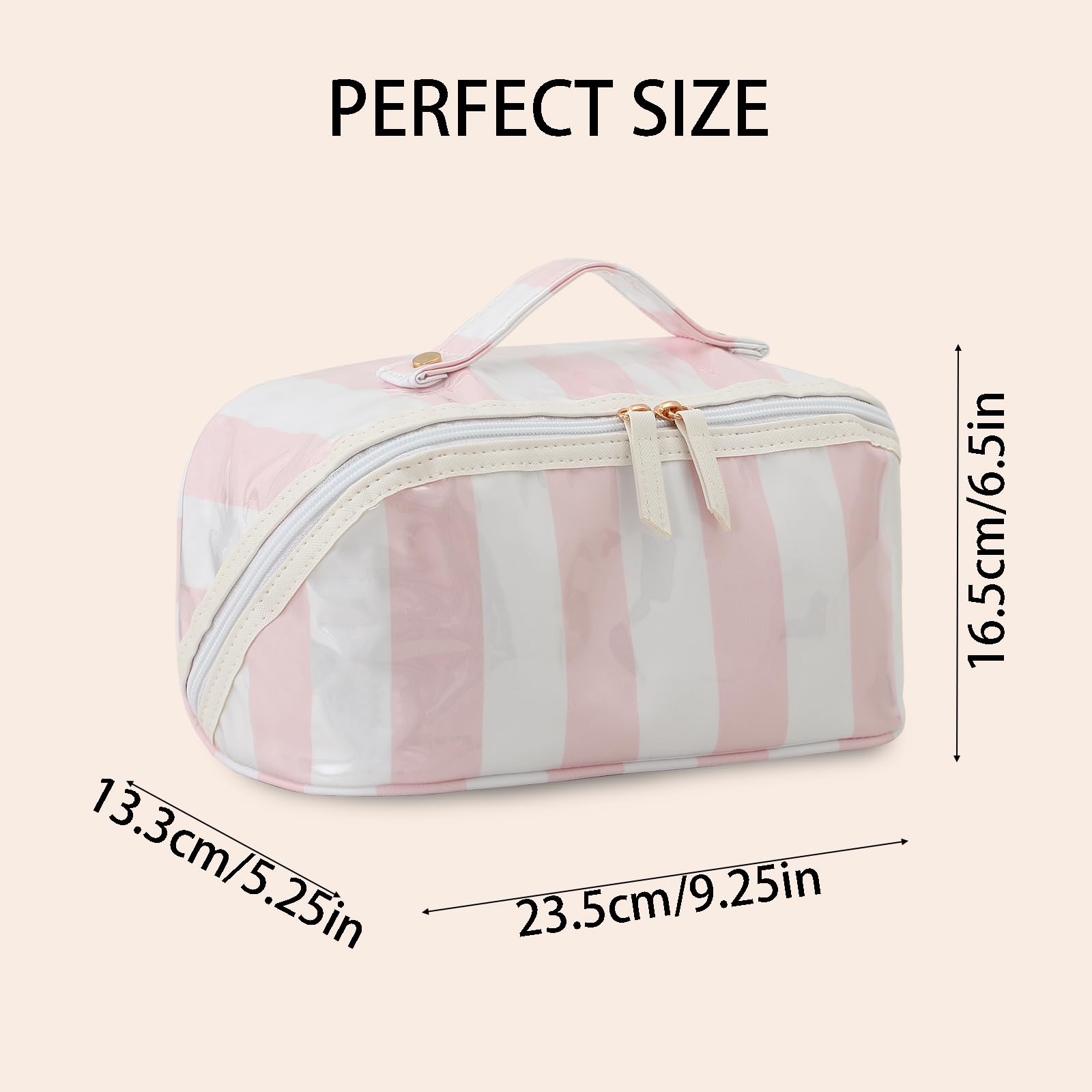 DYSHAYEN Stripe Travel Makeup Bag with Compartments Clear Coated Cosmetic Bag for Women, Waterproof Portable Open Flat Toiletry bag （White-Pink）