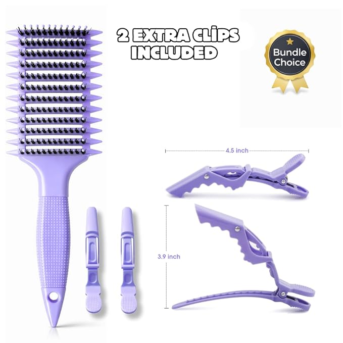 Curl Defining Brush with Hair Clips – Detangling Tool for Wet or Dry Styling, Ideal for Curly Hair, Women & Girls (Purple)