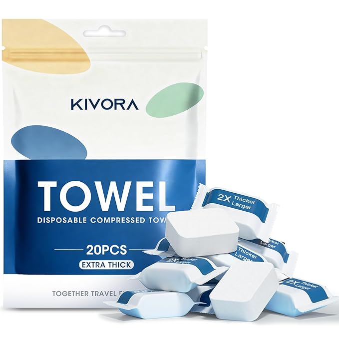 KIVORA Extra Thick Compressed Towel Tablets – Disposable Face Towels & Washcloths for Travel, Camping & Outdoor Use, 20 Pack Super Absorbent Cotton Towels for Emergency & Everyday Care