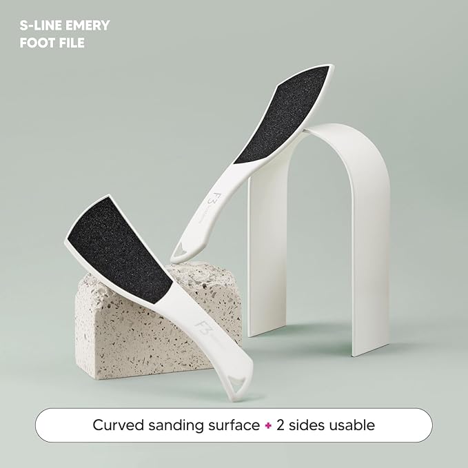 F3 Systems S-Line Emery Foot File, Colossal Double-Sided Pedicure Tool, Effective for Cracked Heel, Ergonomic Design for Easy Grip (White)