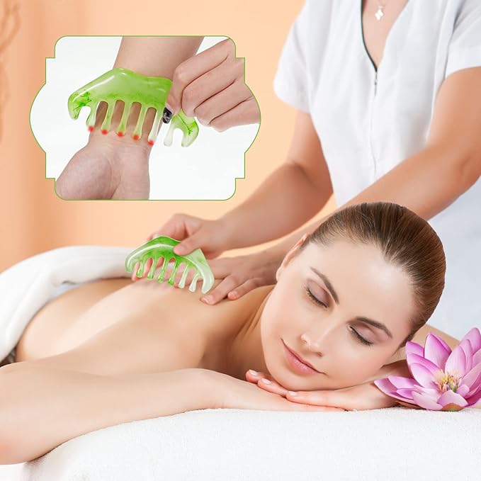 Geiserailie 2 Pcs Jade Combs Esthetician Supplies Massage Stone Hair Gua Sha Scraping Scalp Comb Facial Massage Tool Handheld Head Tools Head Caring Therapy Mother's Day for Women(Elegant Style)